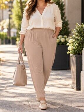 Nina Leonard Plus Size Beige Stretch Pull-On Relaxed Tapered Pants Casual Work